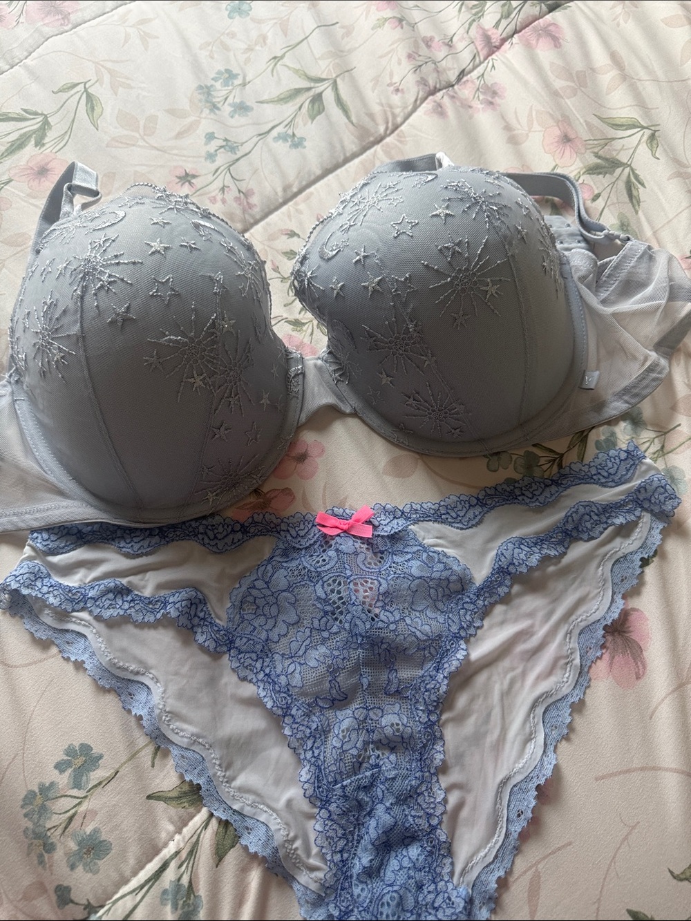 Victoria's Secret Light Gray Embroidered Bra size 40Dand Blue Lace panty size M